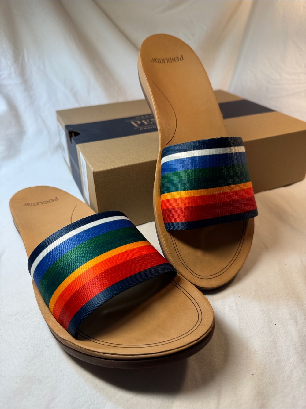 New Pendleton Stripe Slide Sandals - Navy with Rainbow Bands size 11